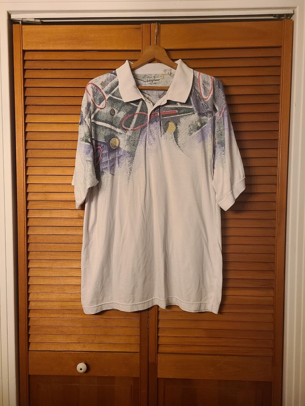 80s White Polo with Multicolor Abstract Tennis Shoulder Print